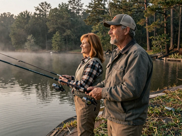 Ray and Christine fishing at an Arkansas lake during home time, a second-chance trucker dating story from RoadHeart