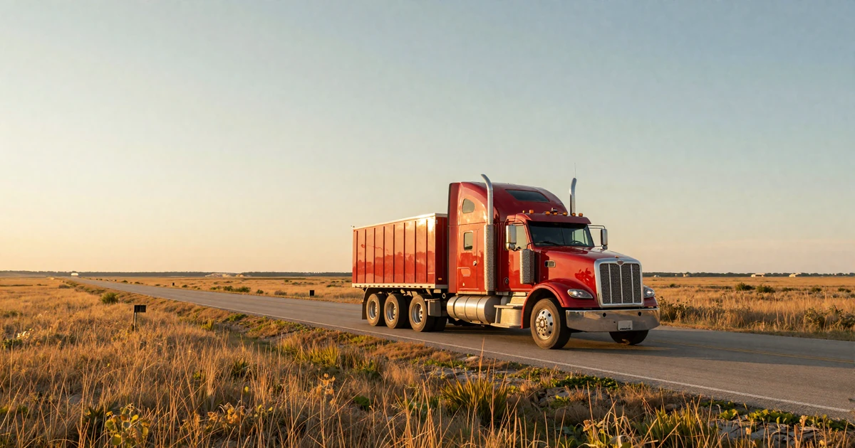 Red Peterbilt sleeper cab on Interstate 80 through the Nebraska Sandhills at sunrise, representing trucker dating Nebraska