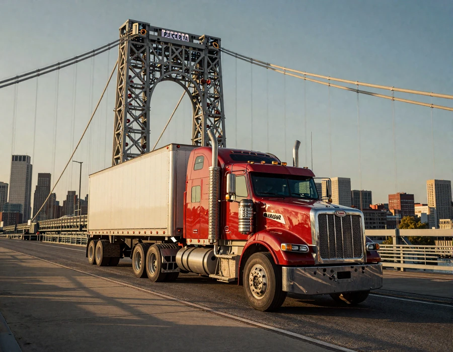 Red tractor trailer crossing the George Washington Bridge at dawn, capturing New York trucker dating lifestyle on the I-95 corridor