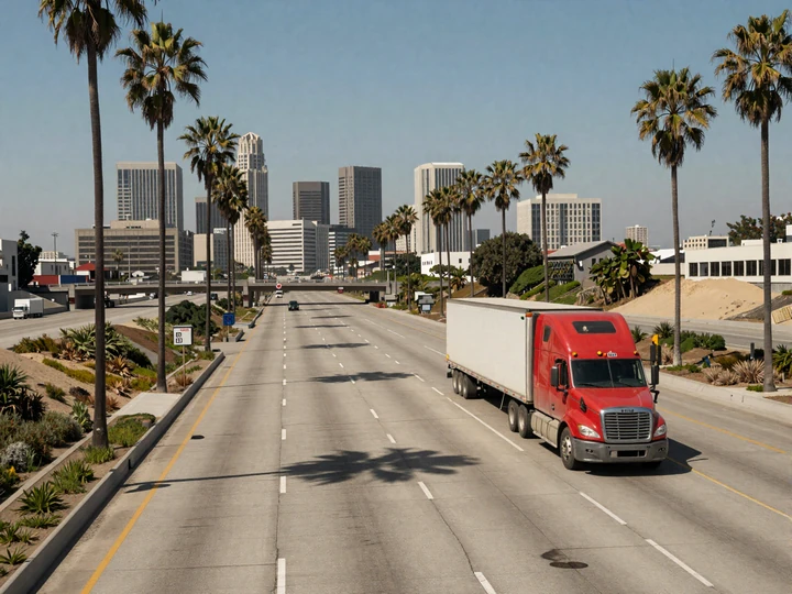 Interstate 5 freeway heading into downtown Los Angeles with a red Freightliner semi and palm trees, the daily commute for LA trucker dating members