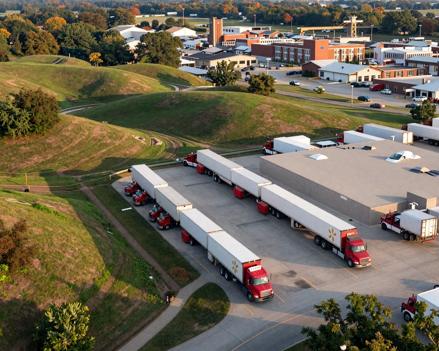 Aerial view of a northwest Arkansas Walmart distribution yard packed with sleeper trucks, the heart of trucker dating Arkansas territory
