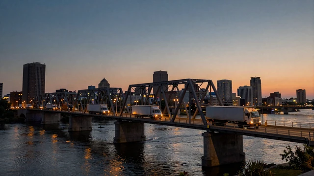 I-80 bridge between Omaha and Council Bluffs at dusk, gateway between Nebraska and Iowa trucker dating communities