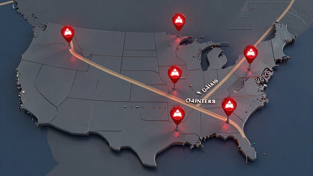 Stylized US map of RoadHeart trucker dating city hubs including Chicago, Dallas, Houston, Los Angeles, New York, Atlanta