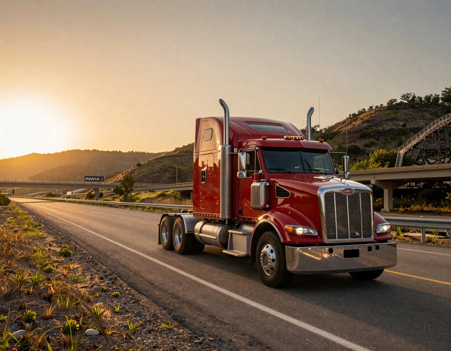 Red Peterbilt sleeper cab on Interstate 35 at sunset near Austin, illustrating trucker dating across the Texas Triangle
