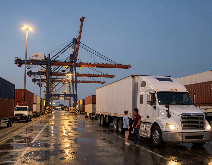 Florida port cranes and semi trucks at dusk, showing the freight setting behind trucker dating Florida connections