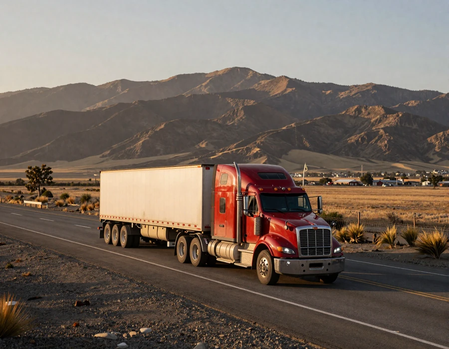 Red Kenworth sleeper cab on Interstate 5 through California Central Valley at dawn, representing California trucker dating community
