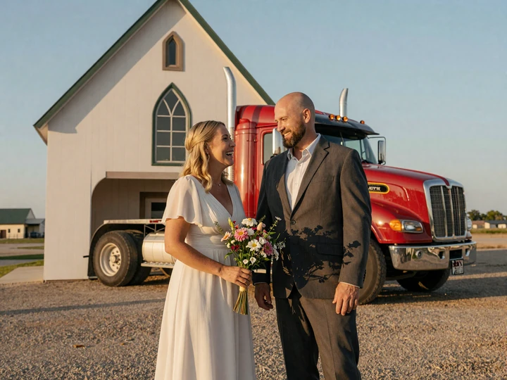 Mike and Karen on their wedding day in Amarillo Texas beside his Peterbilt, a RoadHeart trucker dating success story