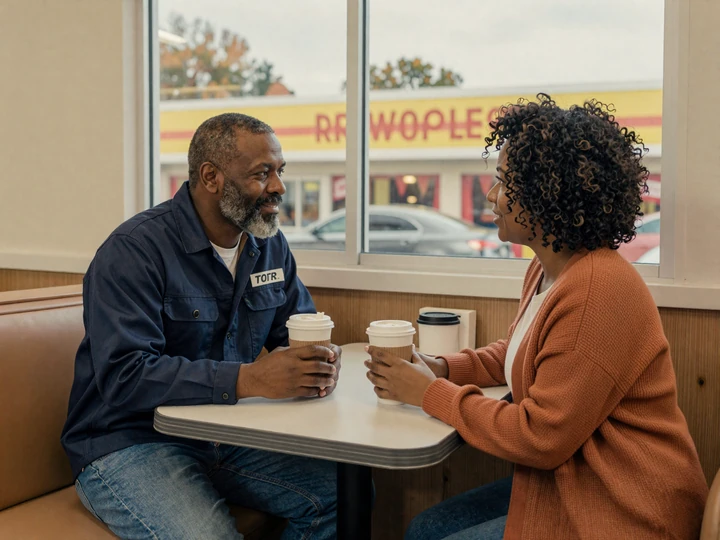 James and Tina sharing coffee at an Atlanta Waffle House during home time, a long-haul love story from RoadHeart trucker dating