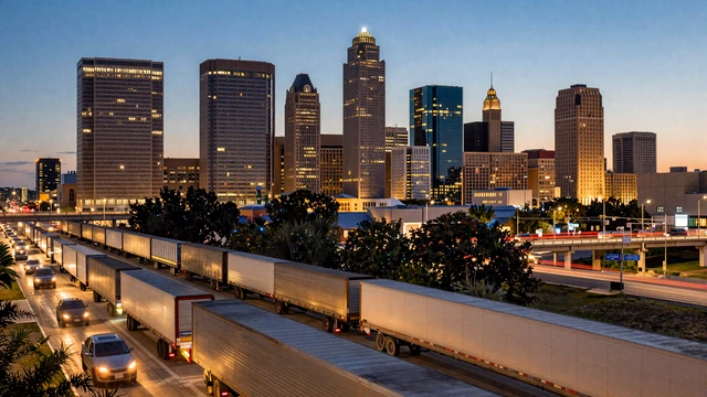 Dallas skyline at dusk with I-30 freight traffic, a key Arkansas trucker destination metro