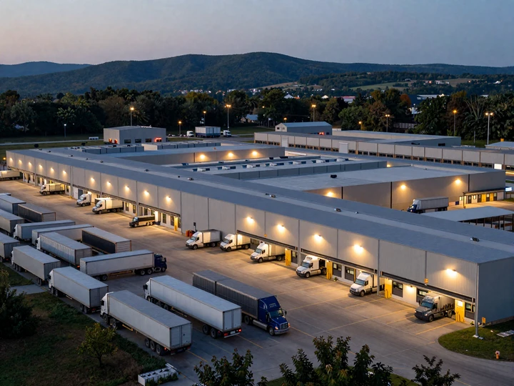 Amazon distribution warehouse complex in the Lehigh Valley at dusk with semis at loading docks, the freight hub powering Pennsylvania trucker dating