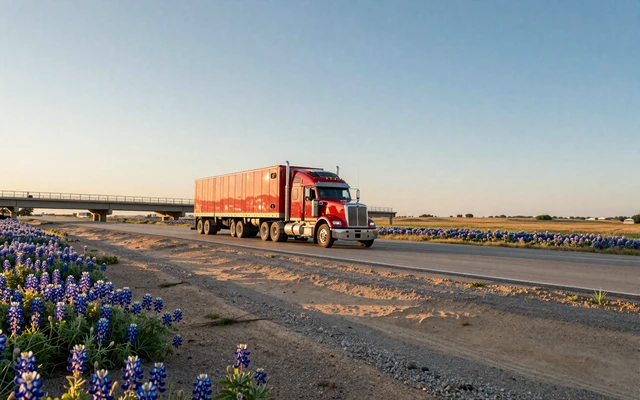 Red sleeper cab cresting a rural Texas overpass on I-10 at golden hour, representing the Texas statewide trucker dating community