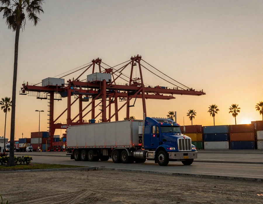 Port of Los Angeles container cranes at golden hour with a drayage truck on the access road, capturing LA trucker dating community context