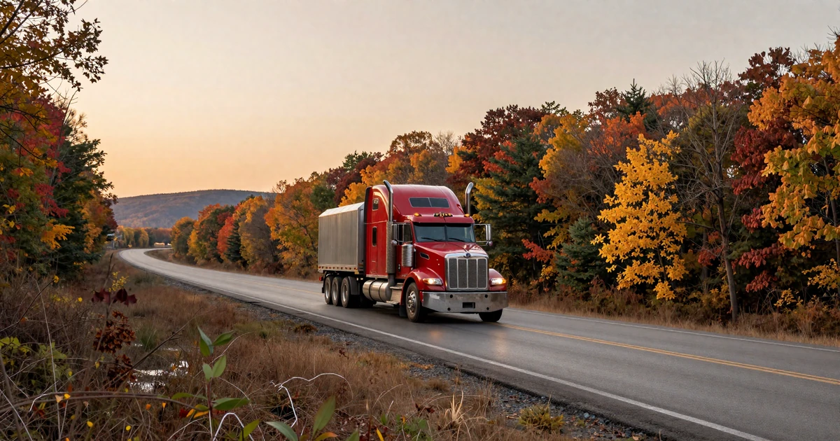 Red Peterbilt sleeper cab climbing I-80 through Pennsylvania Pocono ridges at sunset, the corridor where Pennsylvania trucker dating happens