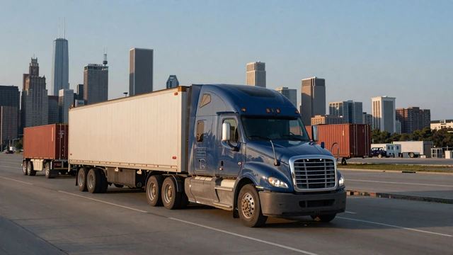 Semi truck heading toward Chicago skyline on I-90 at dawn, representing trucker dating Illinois