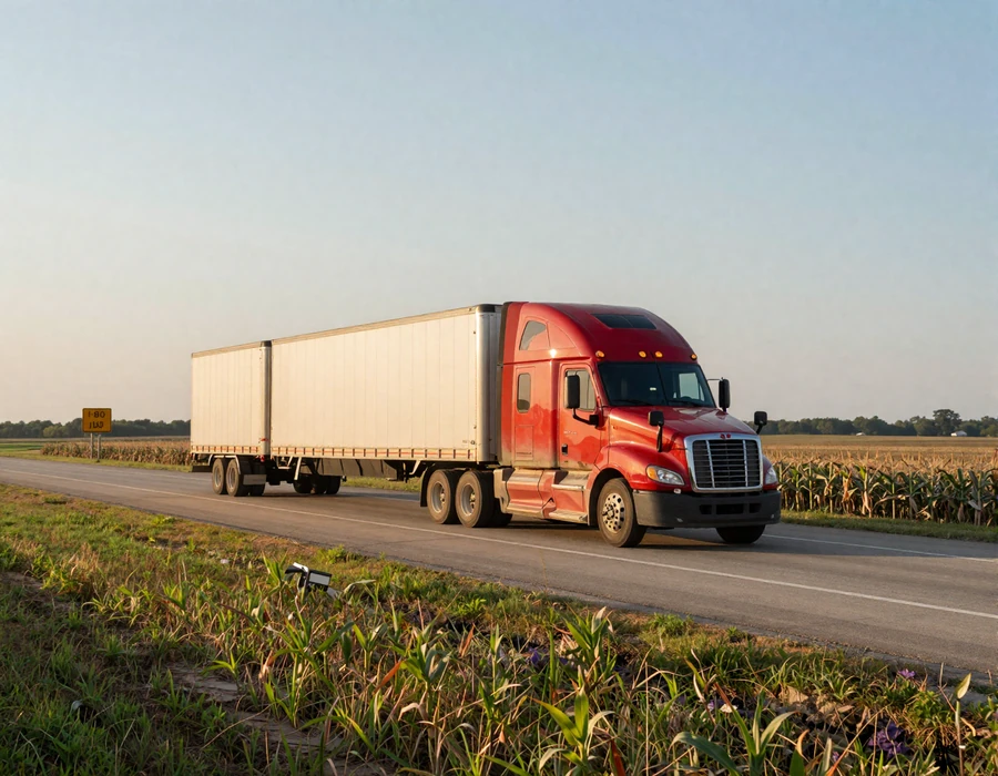 Semi truck crossing rural Iowa at sunset along I-80, reflecting the authentic trucker dating Iowa lifestyle