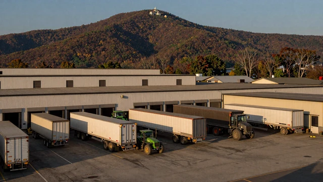 Pennsylvania Lehigh Valley warehouse distribution park at golden hour, a major extension of New York trucker dating territory