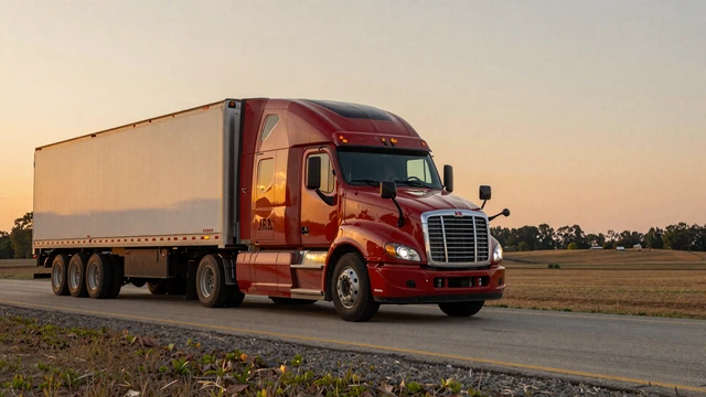 Semi truck on I-40 in Arkansas through Ozark foothills at sunset, representing trucker dating Arkansas