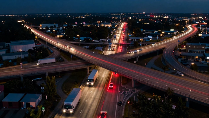 Long-exposure night shot of a major freeway interchange representing the six-city Dating by City hub