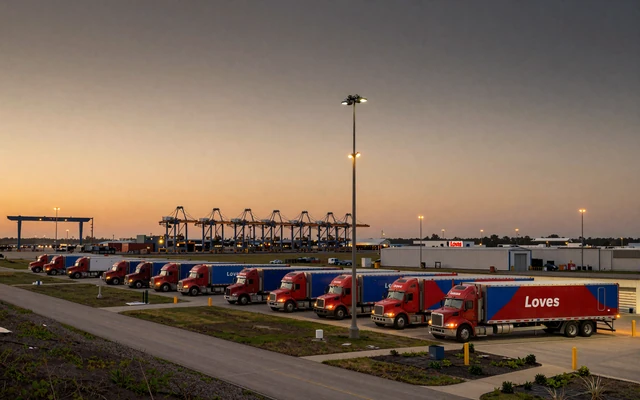 Loves Travel Stop in Channelview at dusk with sleeper cabs parked along Beltway 8 and Port of Houston cranes on the horizon