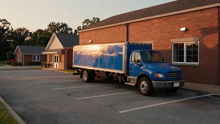 Blue Freightliner parked at a Marietta diner at dawn, capturing the Cobb County trucker home-base lifestyle