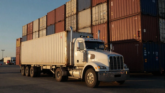 Container truck leaving Port of Long Beach California at dusk, representing trucker dating California