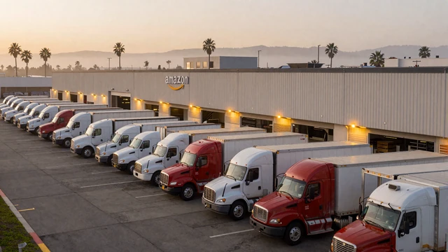 Inland Empire warehouse loading docks at dawn with semi trucks, the workplace of many Fontana trucker dating members