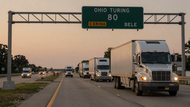 I-80 Ohio Turnpike at dusk feeding Chicago hub trucker community