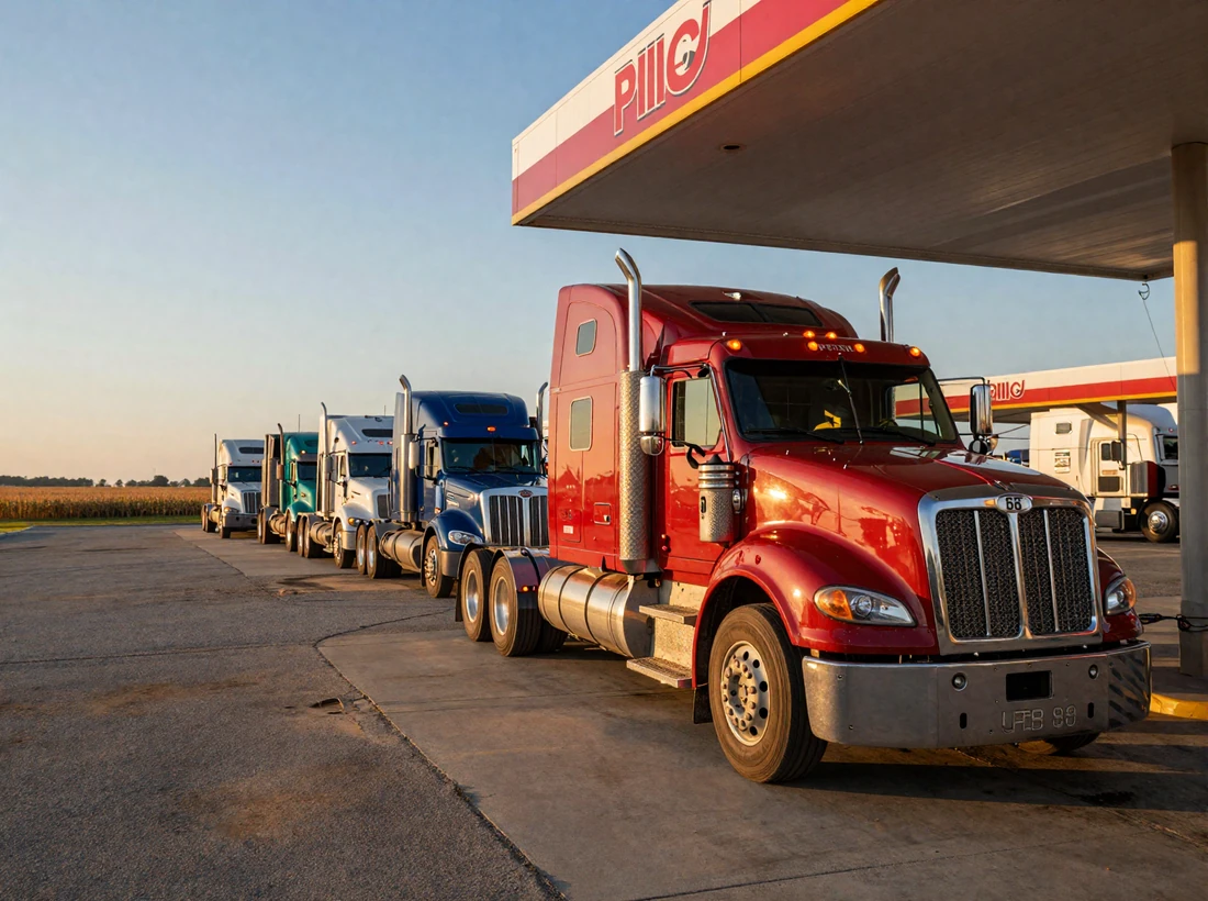 Red Peterbilt 389 parked at a Pilot Flying J truck stop at golden hour, the daily backdrop of life on the road and dating as a truck driver
