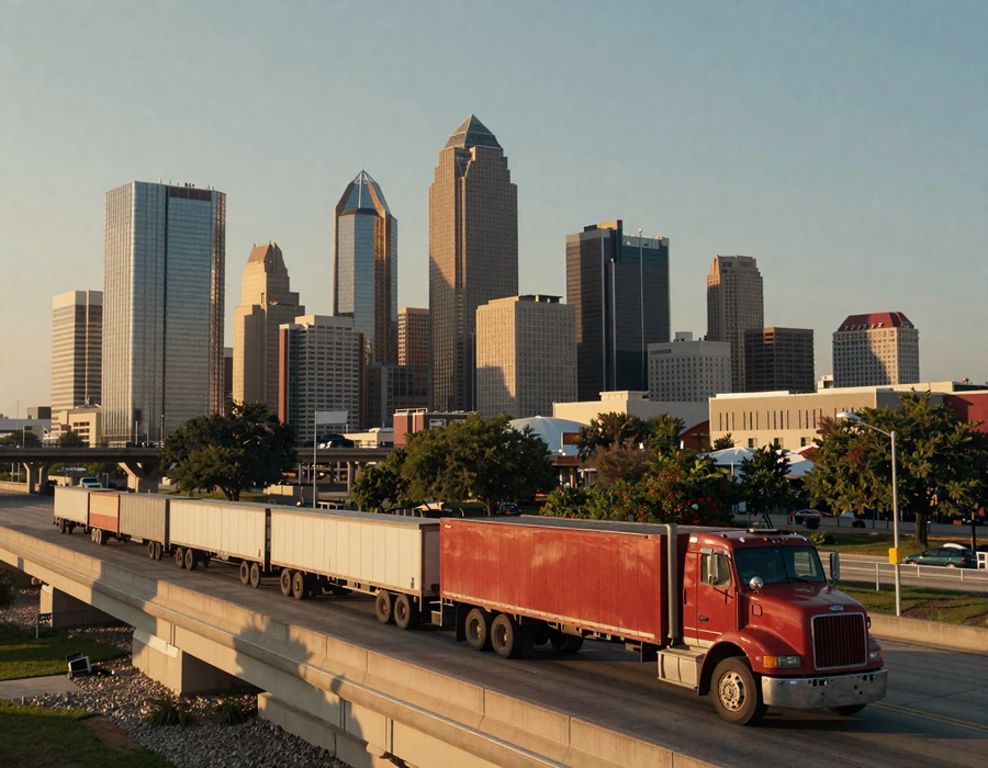 Dallas skyline overlooking the I-35 freight corridor at sunset with a red sleeper cab, setting the scene for trucker dating Dallas