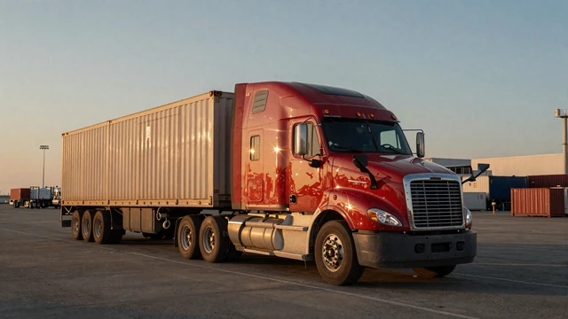 Red semi-truck leaving the Port of Houston at sunset, representing trucker dating in the Houston metro
