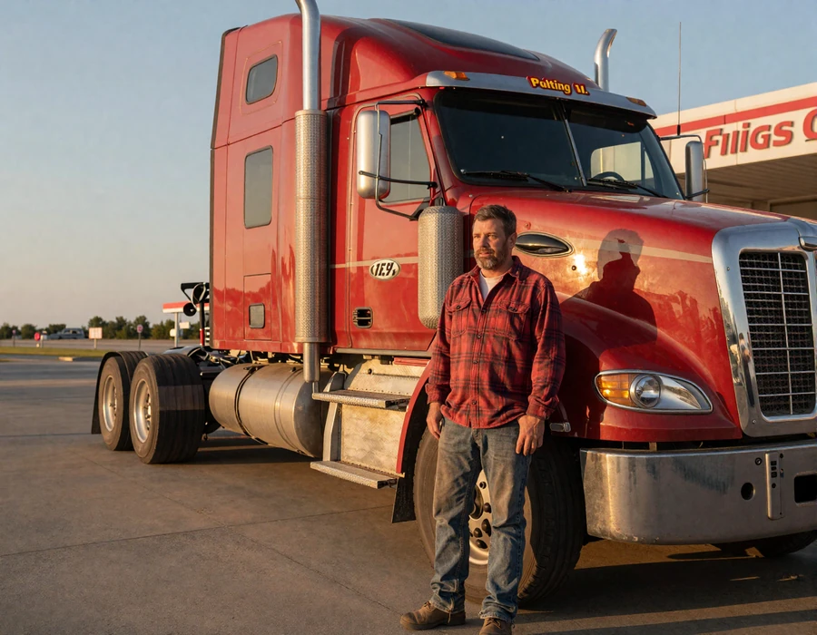 Veteran OTR truck driver beside his red sleeper cab at a Pilot Flying J truck stop, capturing the authentic trucker dating lifestyle
