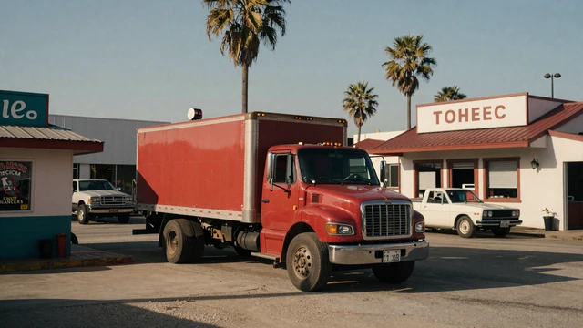 Red drayage day cab parked outside a Wilmington diner near the Port of LA, the heart of San Pedro trucker dating community