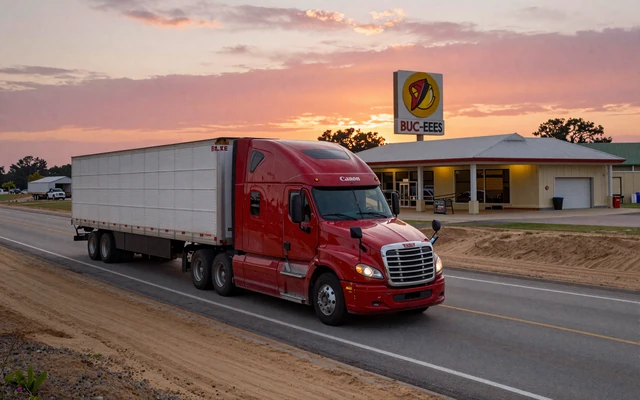 Red Freightliner Cascadia passing the Buc-ees travel center on I-10 Katy Freeway at dawn, a key Houston OTR trucker dating hub