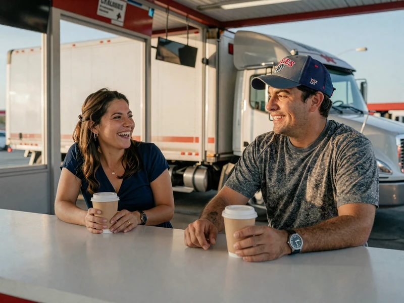 Two Dallas-area truckers sharing coffee at a Mesquite truck stop diner, real-world look at meeting truck driver singles in DFW
