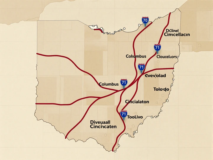 Outline map of Ohio showing I-70 and I-71 trucking corridors with Columbus, Cleveland, Cincinnati and Toledo highlighted as Ohio CDL dating hubs