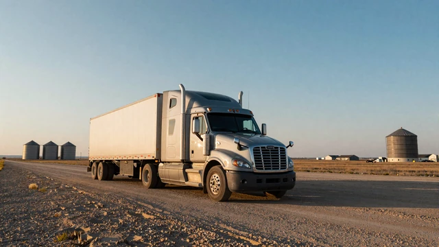 Semi truck on I-80 through Nebraska plains at dawn, representing trucker dating Nebraska