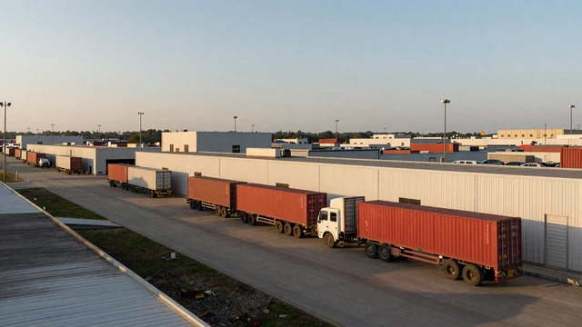 South Dallas warehouse district at golden hour with intermodal containers, base for many DFW dedicated drivers