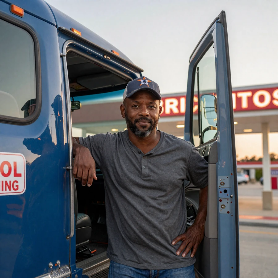 Marcus, a Houston OTR driver, leaning against his blue Kenworth at a Katy Freeway Pilot truck stop at golden hour, representing single truck drivers Houston