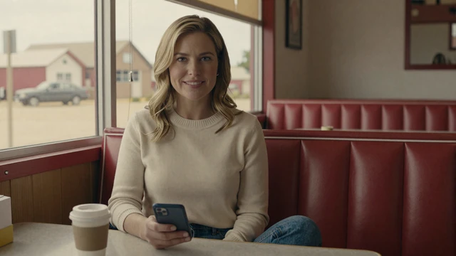 Megan at a diner booth carefully reviewing trucker profiles on her phone, an example of women connecting with truckers safely