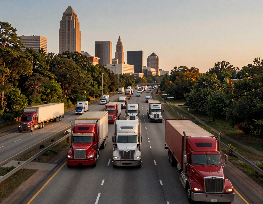 I-285 perimeter freight traffic at golden hour with the Atlanta skyline beyond, capturing Georgia trucker dating and Southeast logistics life