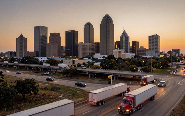 Dallas skyline at dusk with I-45 freight traffic in the foreground, linking Houston trucker dating to Dallas