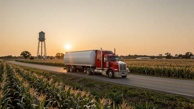 I-55 corridor through downstate Illinois cornfields with a red reefer truck representing Springfield and Bloomington trucker community