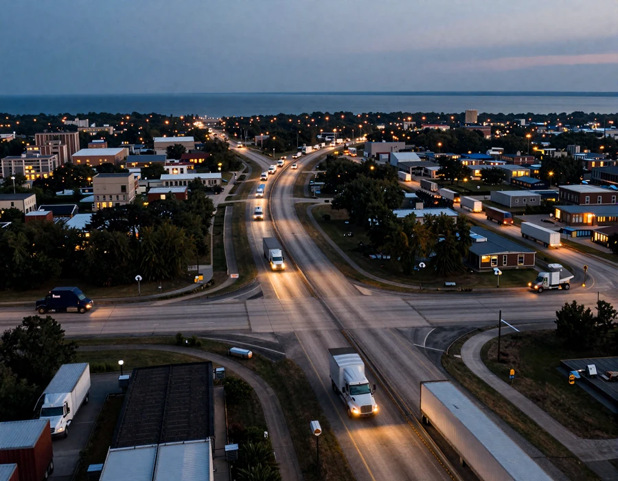 Aerial view of Chicagoland interstate network at dusk with truck headlights showing Illinois trucker dating community geography