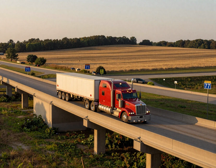 Interstate 70 and I-71 interchange near Columbus Ohio with a red long-haul truck at golden hour, representing trucker dating Ohio across the Buckeye State