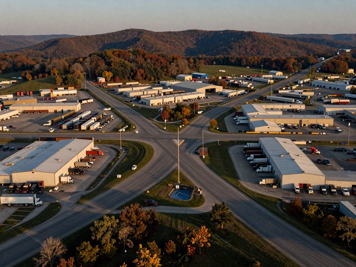Aerial view of Pennsylvania Turnpike interchange and warehouse cluster near Harrisburg, the freight heart of PA trucker dating country