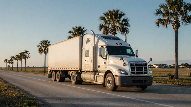 Semi truck on I-95 through Florida coastal landscape at sunrise, representing trucker dating Florida