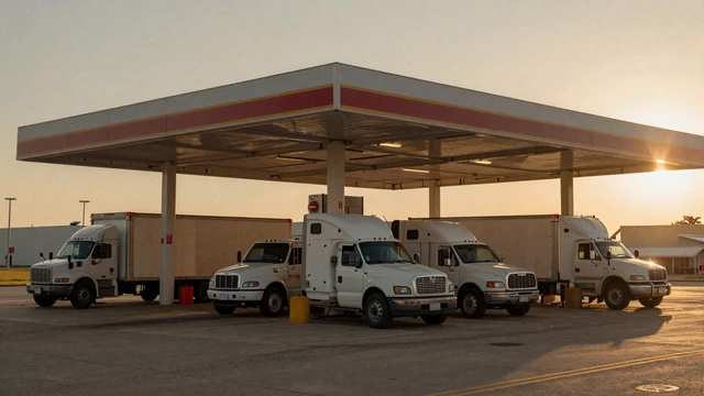 Mesquite truck stop at dawn with rows of sleeper cabs, a familiar overnight spot for Dallas trucker singles