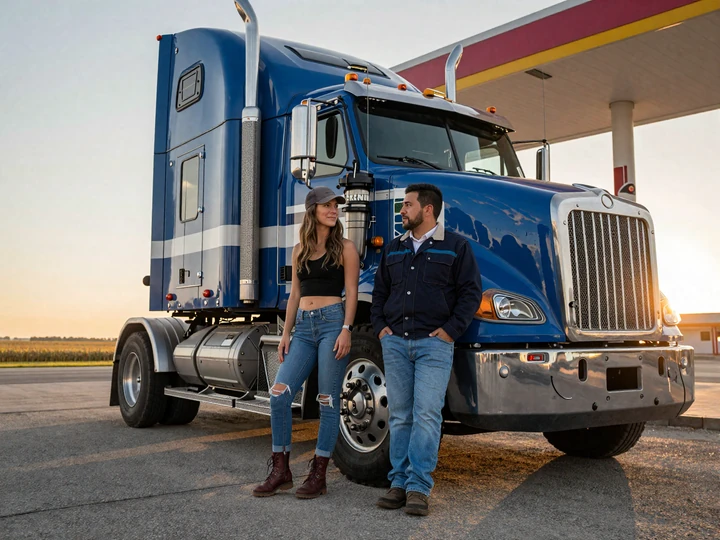Female trucker Sarah and her partner Diego at an I-80 Iowa Love's truck stop, a co-pilot success story from RoadHeart trucker dating