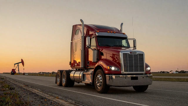 Red Peterbilt semi truck on I-35 in Texas at sunset, representing trucker dating Texas on RoadHeart