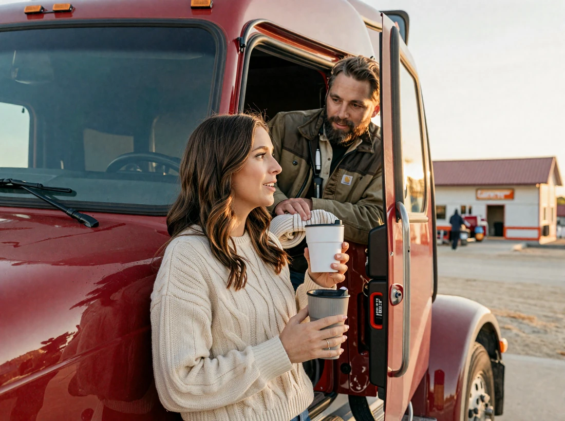 Rachel handing coffee through a Peterbilt cab window to her OTR partner at sunrise, a real-life example of how to date a truck driver